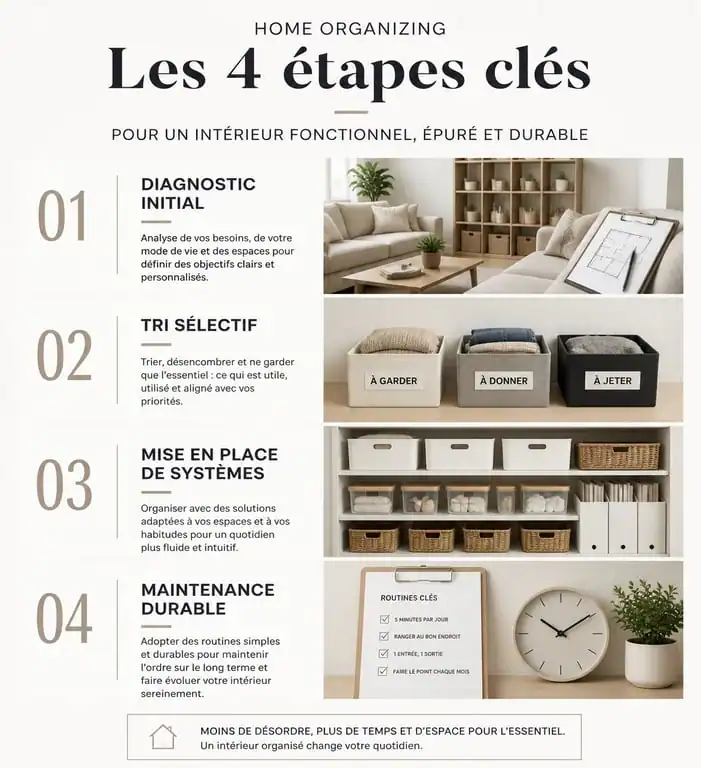 Infographie des étapes de l'aide au rangement maison par un professionnel
