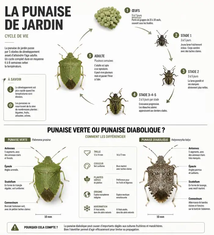 Infographie comparative pour l'identification des punaises de jardin et leur cycle de vie