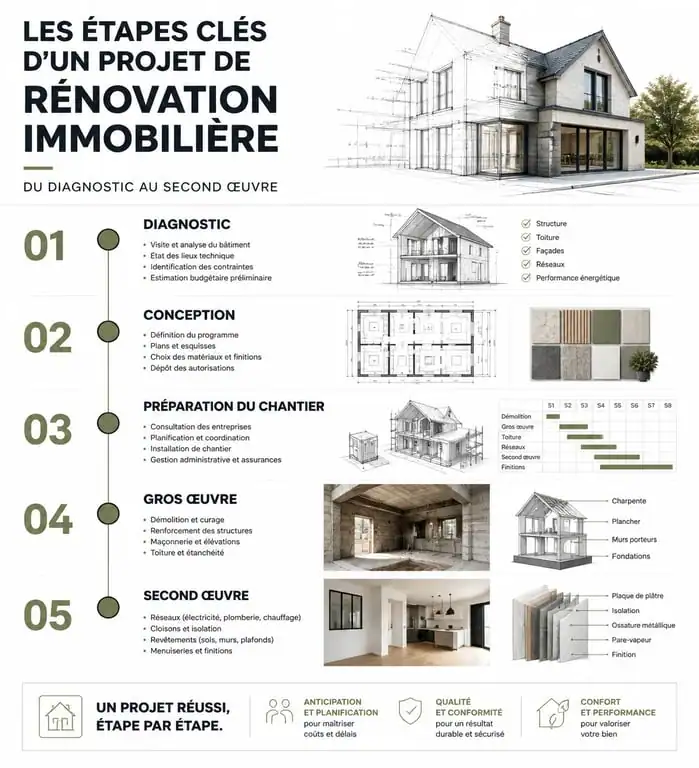 Étapes clés d'un projet de rénovation immobilière pour le guide bricolage RenovImmoPro