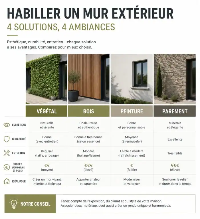 Tableau comparatif des solutions pour cacher un mur extérieur : plantes, bois, peinture et parement.