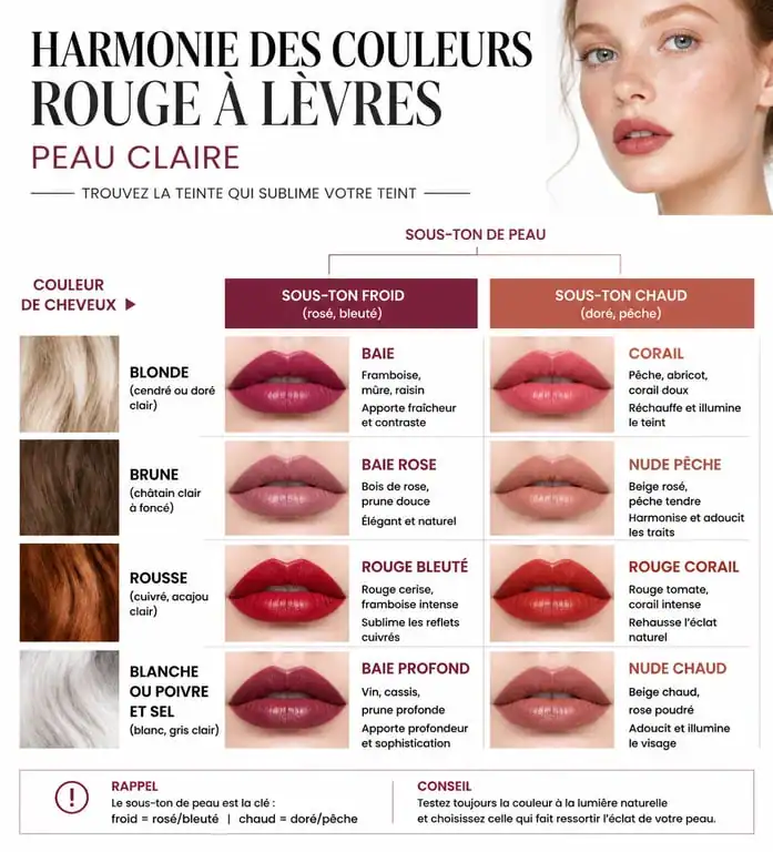 Infographie guide des couleurs de rouge à lèvres pour peau claire selon les sous-tons et la couleur de cheveux