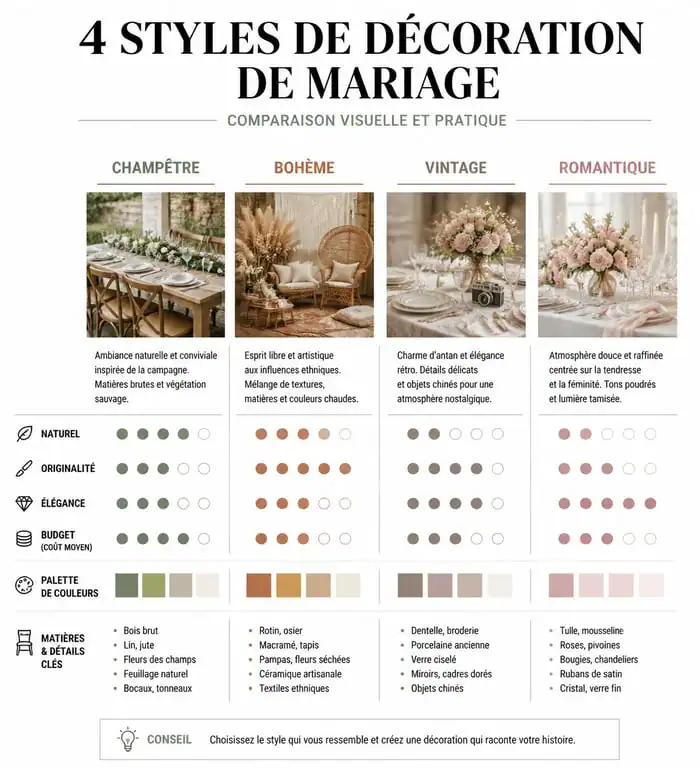 Infographie des styles de décoration de mariage : champêtre, bohème, vintage et romantique.