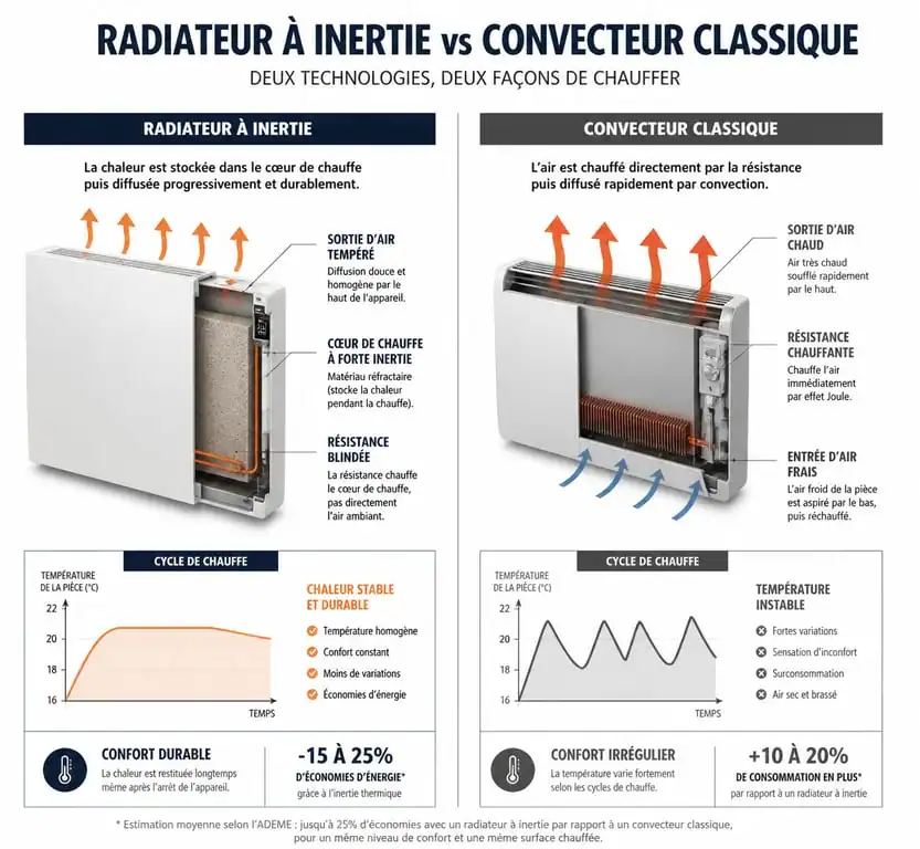 Schéma comparatif du fonctionnement d'un radiateur à inertie et consommation électrique