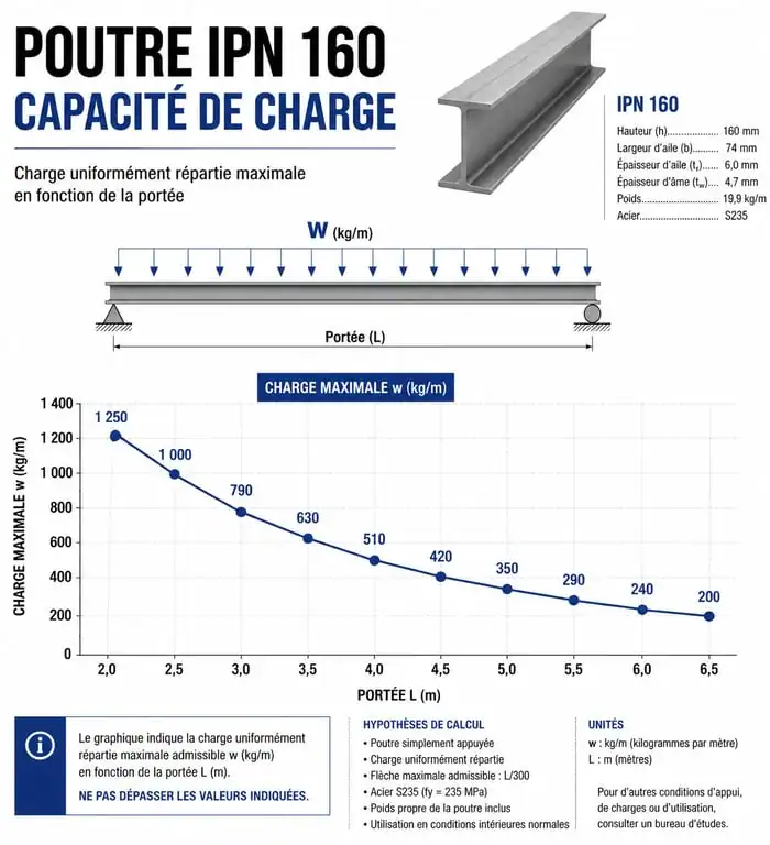 Tableau illustré de la capacité de charge d'un IPN 160 selon la portée en mètres