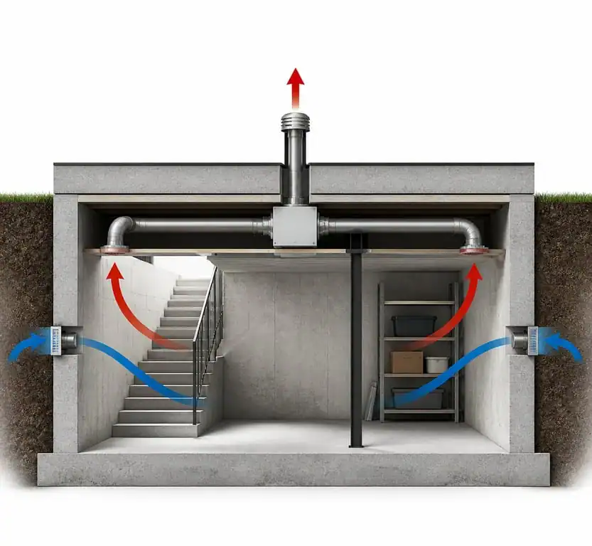 Schéma de ventilation mécanique en sous-sol pour une circulation d'air optimale
