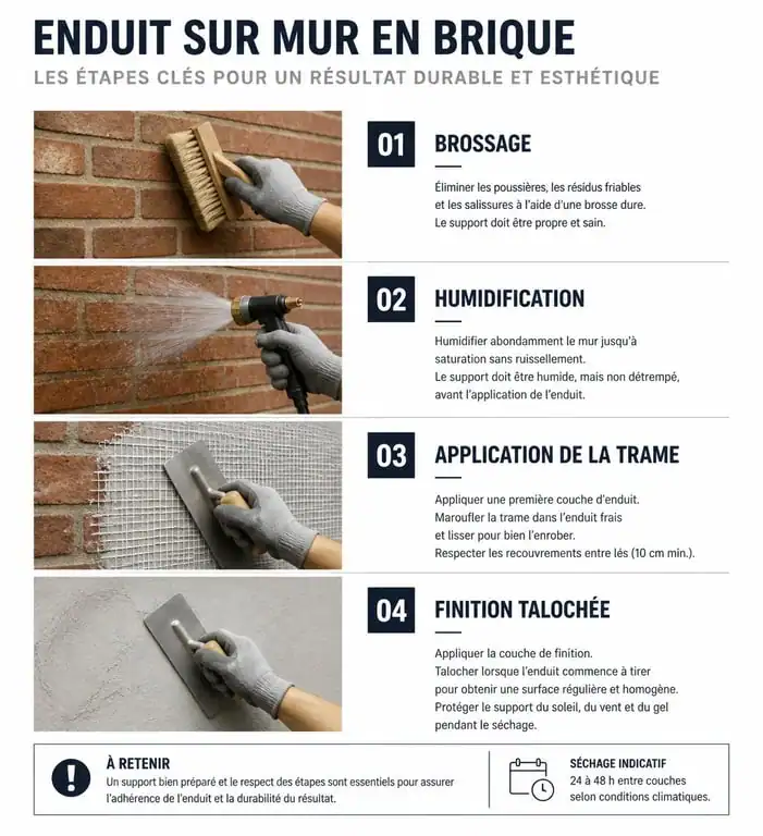 Étapes de l'application d'un enduit sur brique