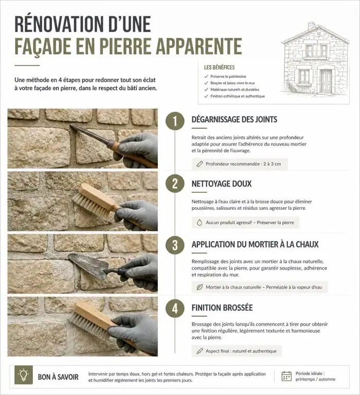 Infographie des étapes de rénovation d'une façade en pierre apparente