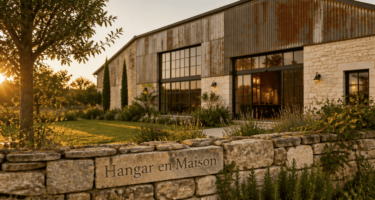 hangar aménagé en maison moderne avec jardin