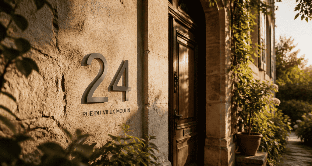 numero de maison design aluminium sur mur pierre
