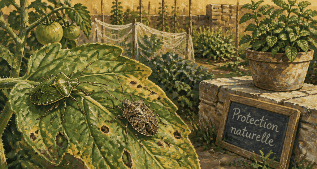 Punaise de jardin sur feuille de tomate au potager