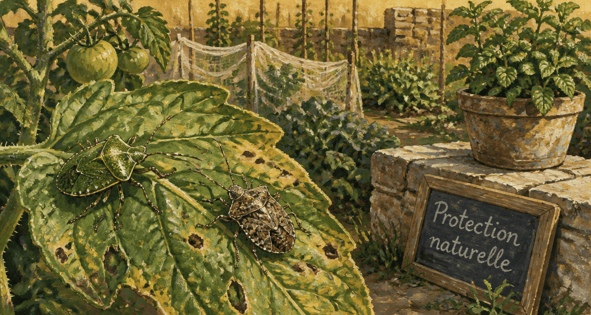 Punaise de jardin sur feuille de tomate au potager