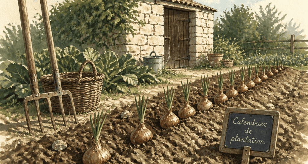 Quand planter les échalotes avec la lune, bulbes alignés au jardin