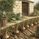 Quand planter les échalotes avec la lune, bulbes alignés au jardin