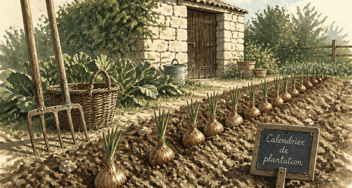 Quand planter les échalotes avec la lune, bulbes alignés au jardin