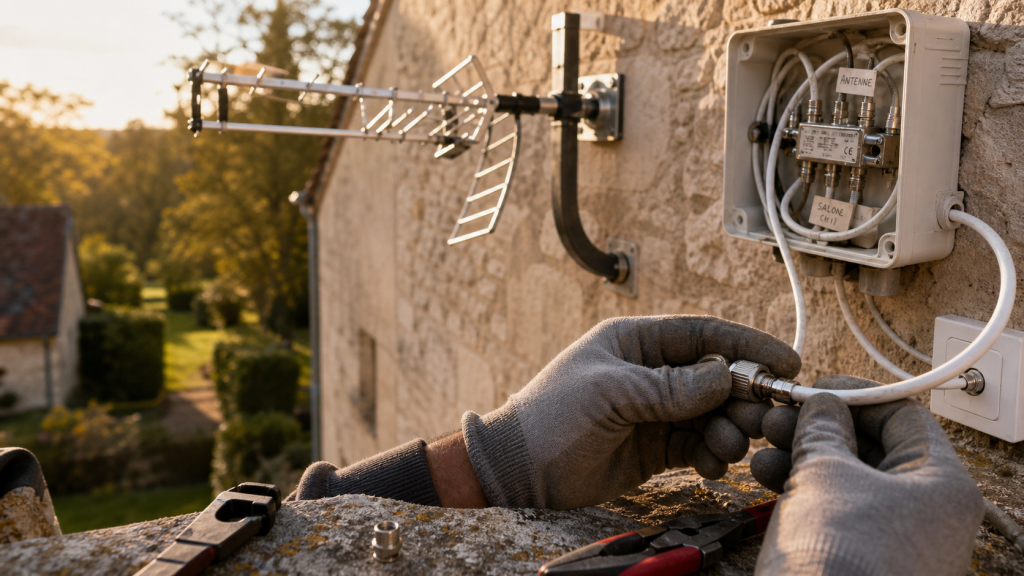 Branchement antenne tv schema : fiche F sur coaxial vers prise murale