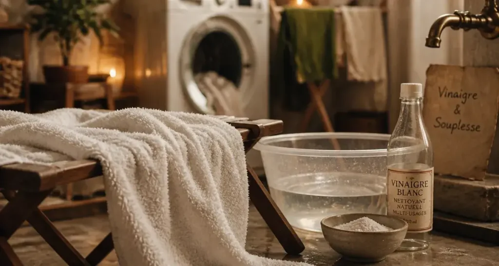 Comment avoir des serviettes de toilette moelleuse sans sèche-linge, serviette éponge et vinaigre
