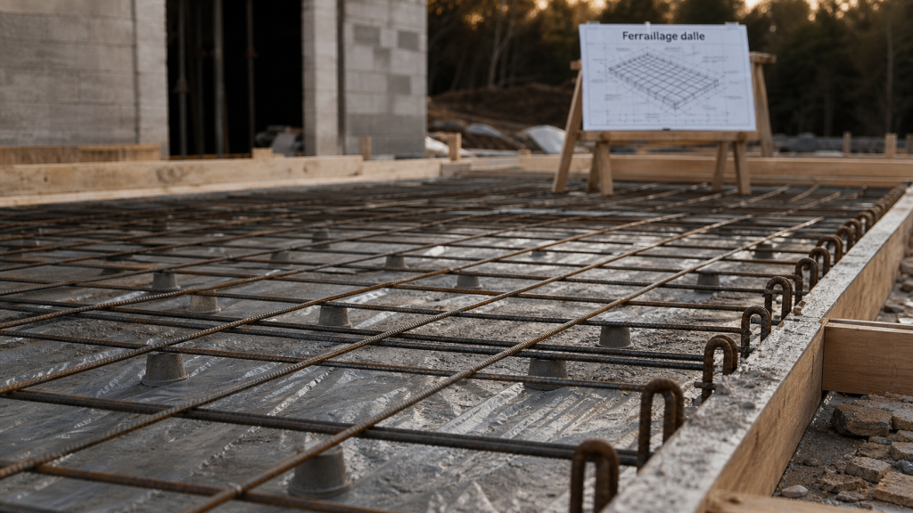 Dalle beton ferraillage : treillis soudé sur distanciers 3-5 cm