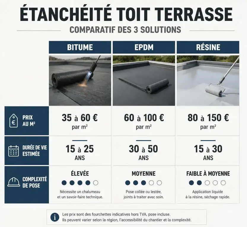 Comparatif des prix au m2 et caractéristiques des matériaux pour l'étanchéité d'un toit terrasse