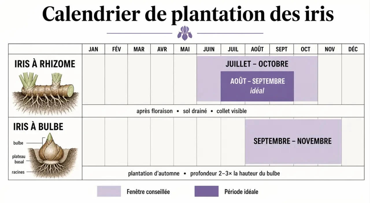 Calendrier de plantation des iris : rhizomes et bulbes