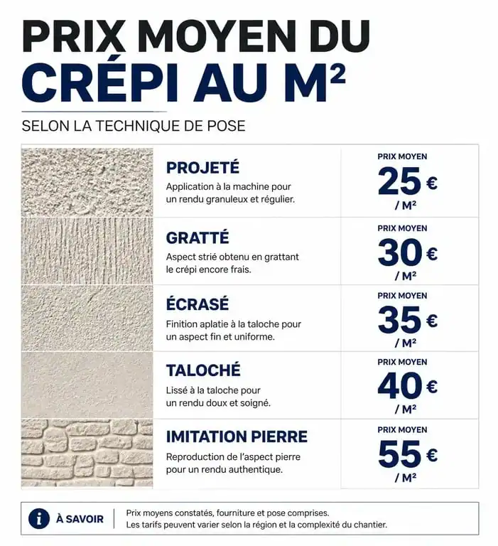 Infographie des prix du crépi au m2 selon la finition de façade