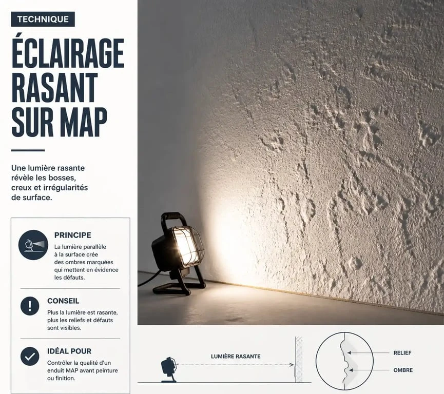 Technique de la lumière rasante pour poncer du MAP et repérer les irrégularités sur un mur