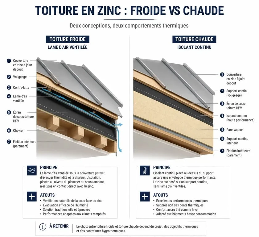 Comparaison technique entre toiture froide et toiture chaude pour isolation de toiture en zinc