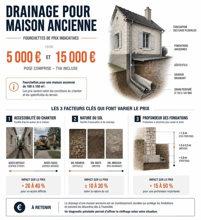 Infographie des prix et facteurs de coût pour le drainage d'une maison ancienne