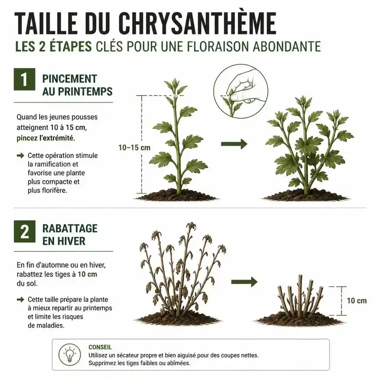 Schéma explicatif des étapes de taille du chrysanthème : pincement printanier et rabattage hivernal pour une floraison optimale.