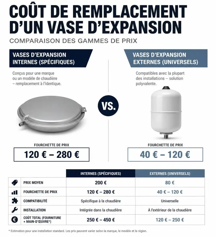 Tableau récapitulatif des tarifs pour le changement d'un vase d'expansion de chaudière selon le modèle