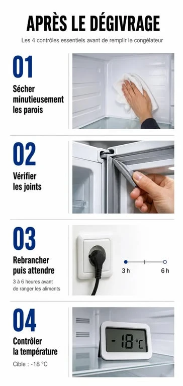Infographie des étapes de redémarrage d'un congélateur après dégivrage pour une conservation optimale des aliments