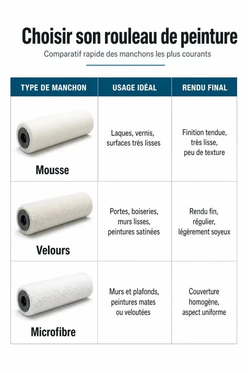 Tableau comparatif des rouleaux de peinture : mousse, velours et microfibre pour choisir le bon outil