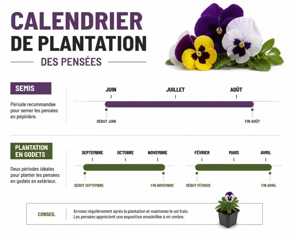 Calendrier de plantation des pensées : périodes idéales pour les semis et la mise en terre des godets