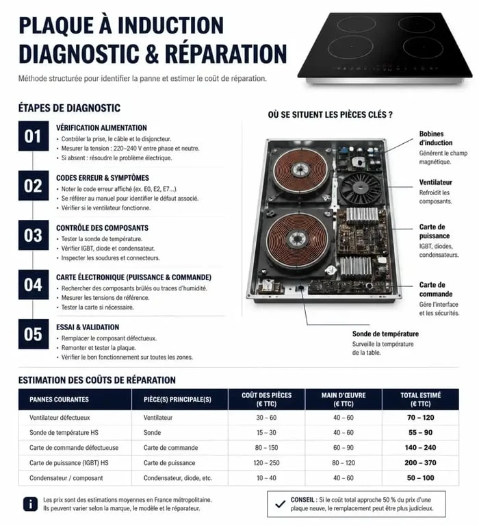Infographie diagnostic et coûts réparation panne plaque induction