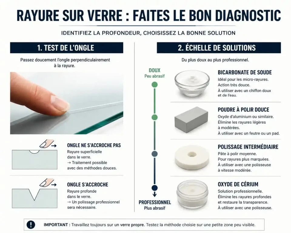 Infographie explicative pour enlever une rayure profonde sur du verre : diagnostic et méthodes de réparation