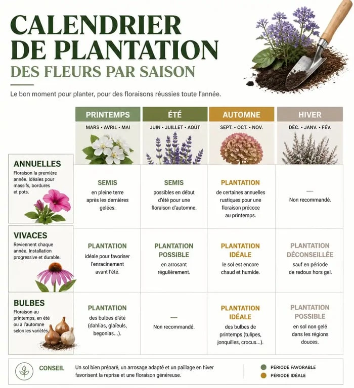 Calendrier de plantation des fleurs : quand planter annuelles, vivaces et bulbes au jardin