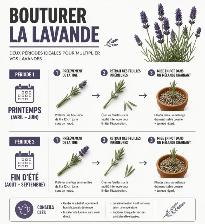 Infographie sur le bouturage de la lavande : périodes et étapes clés pour réussir la multiplication.