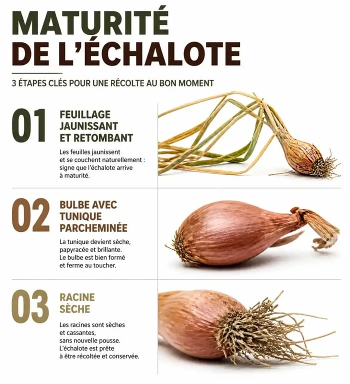 Infographie montrant les signes de maturité pour la récolte des échalotes au jardin