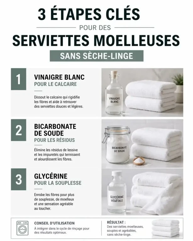 Infographie des astuces pour avoir des serviettes de toilette moelleuses sans sèche-linge