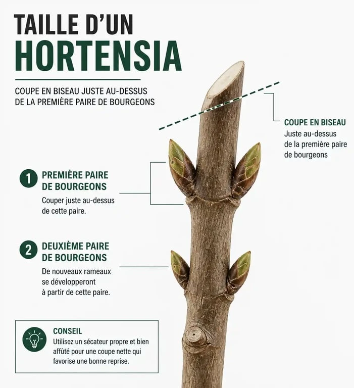 Schéma explicatif de la taille de l'hortensia : coupe en biseau au-dessus des bourgeons