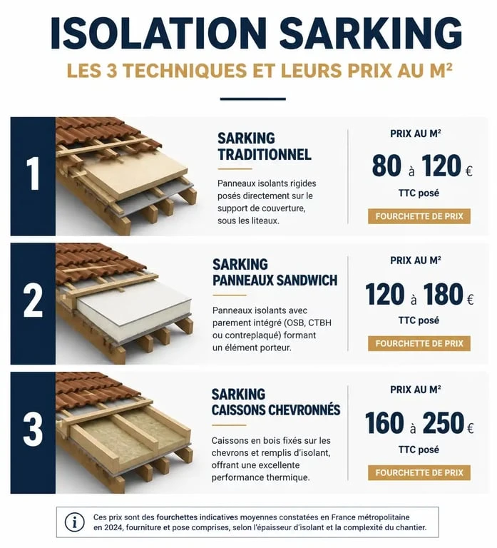 Comparatif des prix au m2 pour l'isolation de toiture par sarking selon la technique utilisée