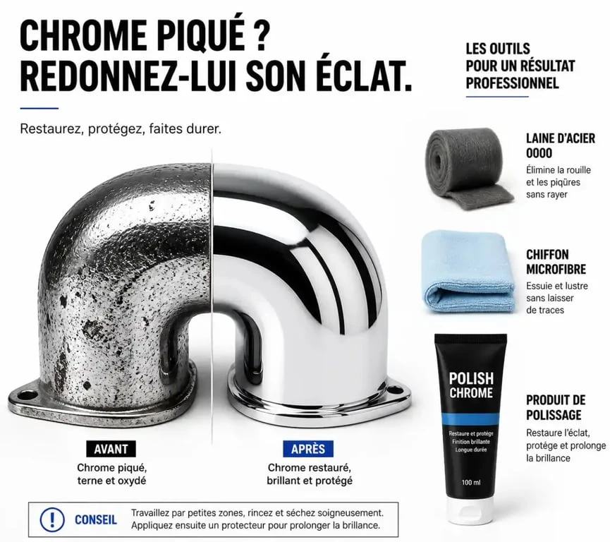 Comparaison avant après du nettoyage de chrome piqué pour restaurer son éclat