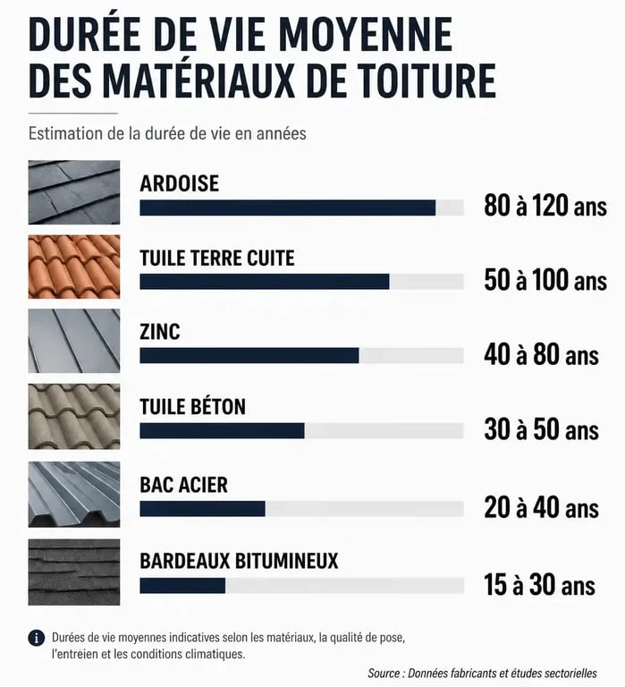 Infographie comparative de la durée de vie moyenne des matériaux de toiture pour estimer la longévité de votre toiture.