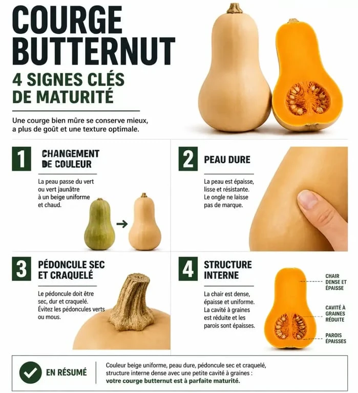 Infographie montrant les signes de maturité pour savoir quand cueillir les butternut au potager