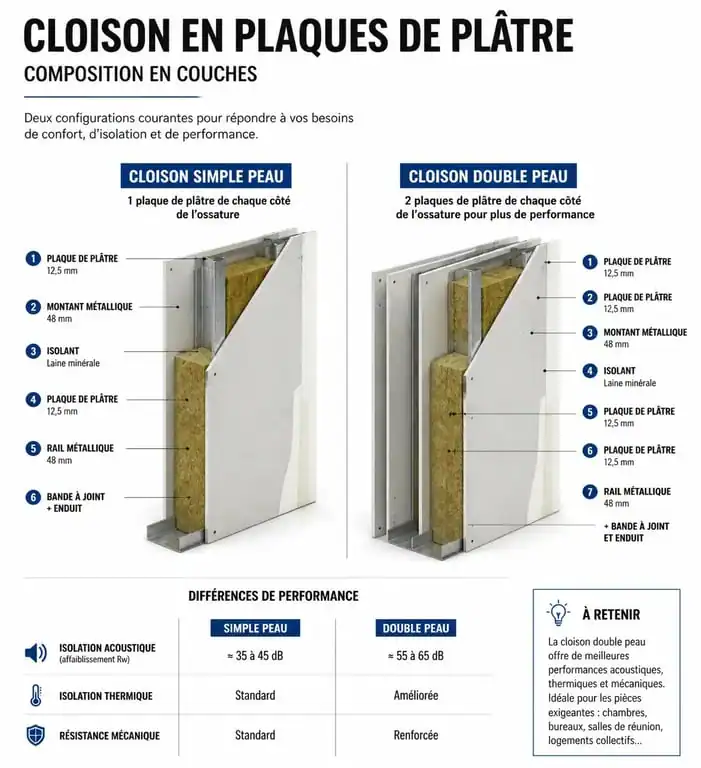 Schéma de composition d'une cloison en plaques de plâtre avec rail et isolant
