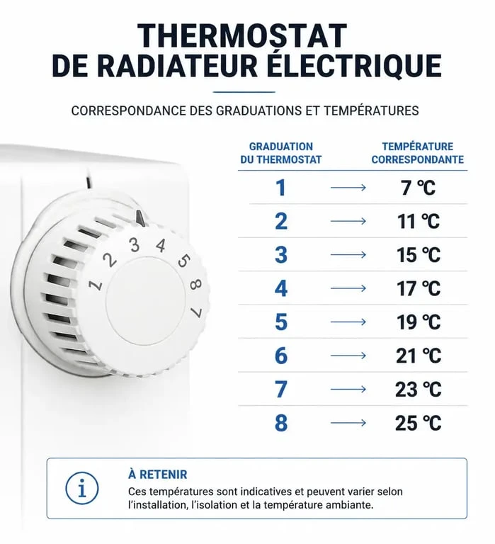 Infographie des températures pour régler un radiateur électrique selon les graduations