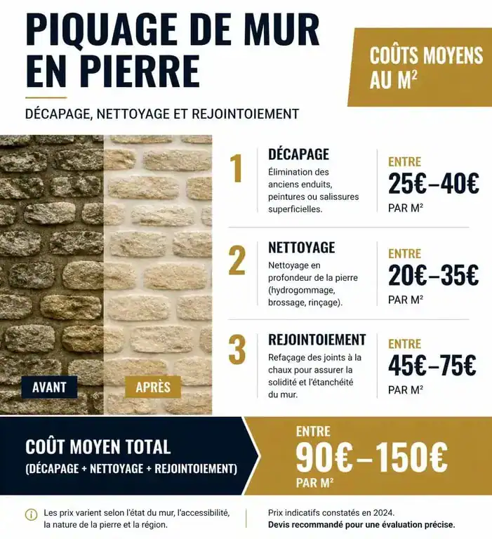 Infographie des prix au m2 pour le piquage d'un mur en pierre et rénovation de façade