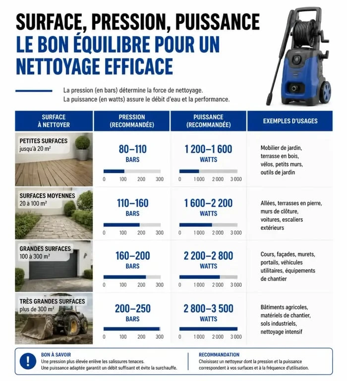 Infographie récapitulative pour choisir la puissance de son nettoyeur haute pression Karcher selon la surface et l'usage.