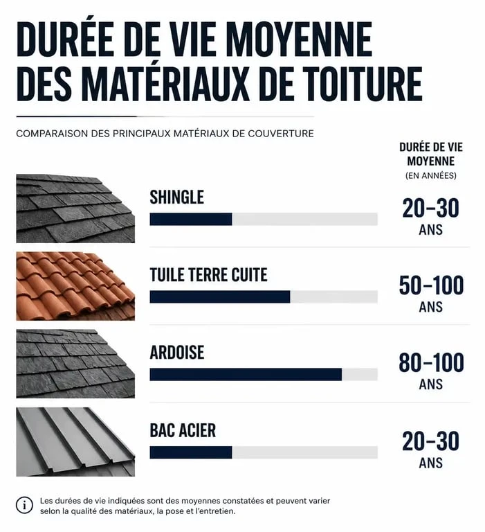 Comparatif de la durée de vie d'une toiture en shingle par rapport aux autres matériaux de couverture