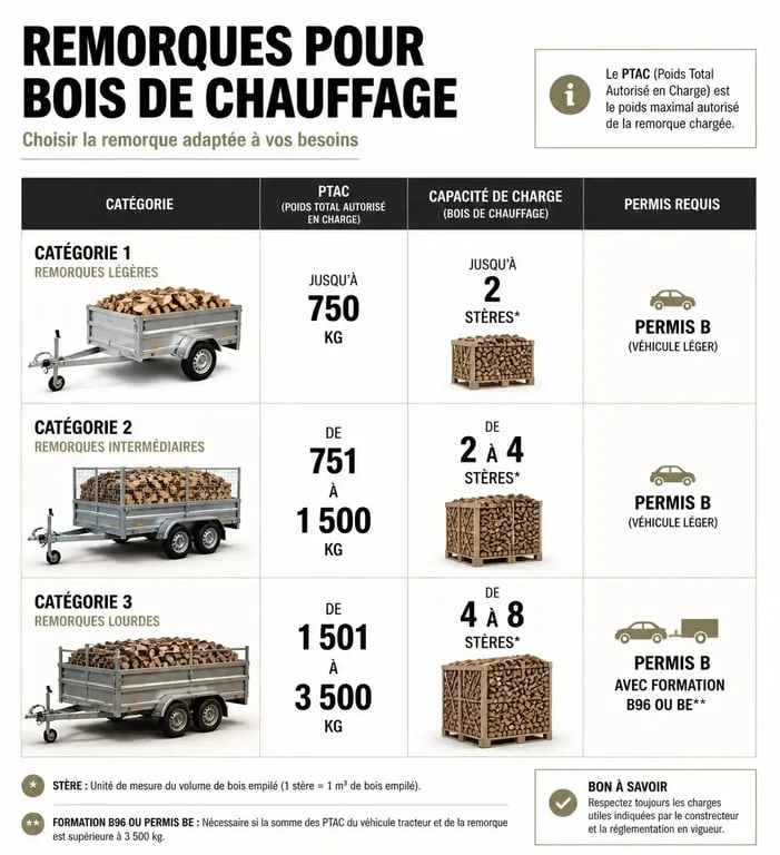 Infographie comparative des types de remorques pour bois de chauffage selon le PTAC et la capacité de charge