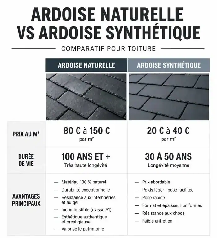 Comparatif prix et caractéristiques toiture en ardoise naturelle vs synthétique